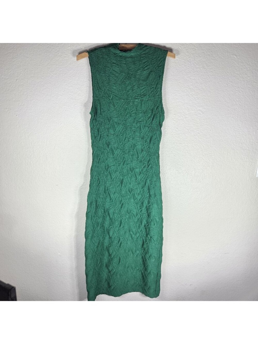 House Of Harlow Emerlad Green Textured 3D Ruched Midi Dress Size S Stretch
